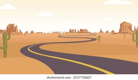 Desert Road Background Vector Design, Desert Landscape, cactus, desert mountains background Illustration