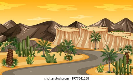 Desert road beautiful golden evening light at sunset  illustration