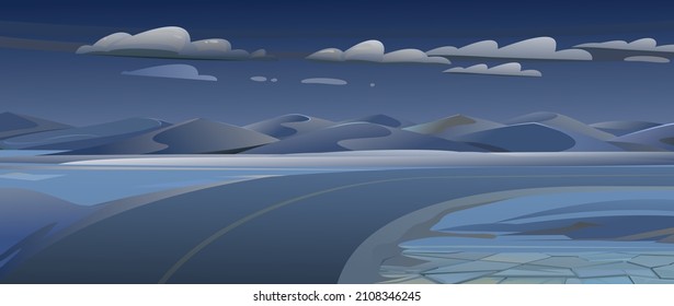 Doble camino del desierto. El paisaje nocturno oscuro. Grandes dunas y colinas. Paisaje del campo sur. Genial estilo de las caricaturas. Vector.