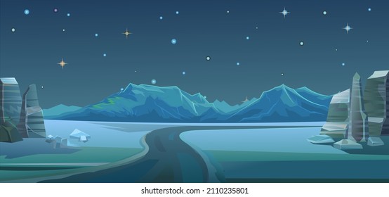 Desert road bend. Dark night landscape. Landscape of southern countryside. Stone rocks and boulders. Cool cartoon style. Rocky mountains in distance. Vector.