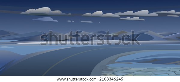Desert road bend. Dark night landscape. Large\
dunes and hills. Landscape of southern countryside. Cool cartoon\
style. Vector.