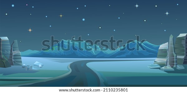 Desert road bend. Dark night landscape.
Landscape of southern countryside. Stone rocks and boulders. Cool
cartoon style. Rocky mountains in distance.
Vector.