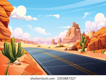 Desert road with cacti and rock formations under bright blue sky. Vector cartoon illustration