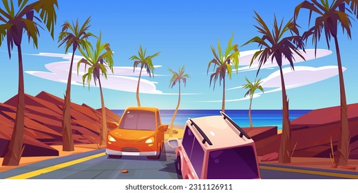 Desert road car traffic to sea shore cartoon illustration. Rock canyon and ocean coast scenery for curve highway. Sunny western summer roadtrip illustrated banner. Winding route to beach and water