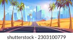 Desert road to city street with palm tree vector background. Empty highway scene with cityscape on skyline. Asphalt freeway to Dubai town with sand terrain nature and sun beam to travel landscape