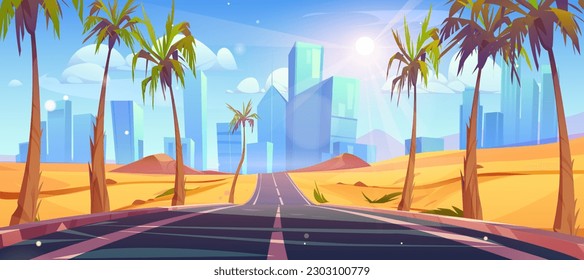 Desert road to city street with palm tree vector background. Empty highway scene with cityscape on skyline. Asphalt freeway to Dubai town with sand terrain nature and sun beam to travel landscape