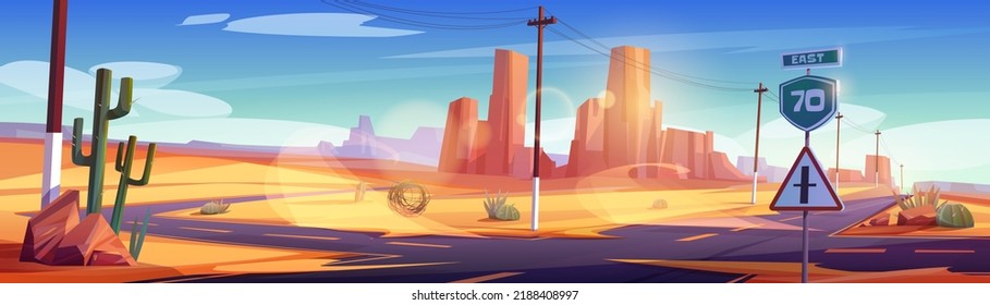 Desert road crossroad landscape with sign, canyon, sand, tumbleweed and cacti. Empty highway fork in Arizona, way directions, travel destination concept with path and rocks Cartoon vector illustration