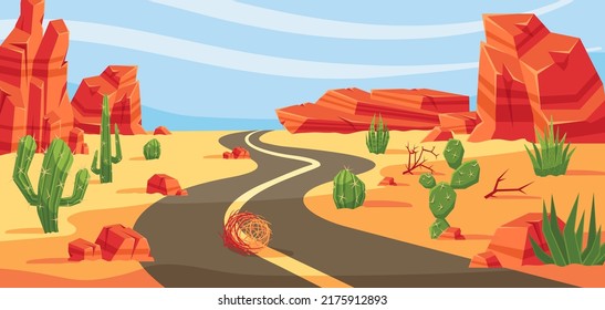 Desert road. Death valley, western hot summer highway with cactuses and tumbleweeds vector landscape background illustration. Way for journey among wild dry vegetation and solid cliffs