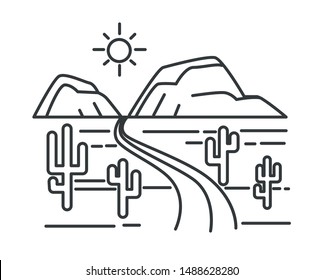 Desert road or highway and hills, Texas landscape outline sketch vector. Mexican prairie, cacti and sand, freeway and mountains, dry ground. Empty valley with route, nature lineart drawing, journey