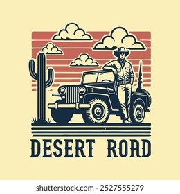 Desert Road Journey T-Shirt Ilustração com Jeep Clássico