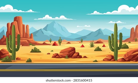 Desert Road Landscape with Cactus, Red Rocks and Mountain Valley