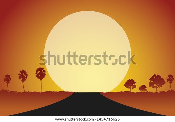 Desert Road\
landscape with Sunset Vector\
background