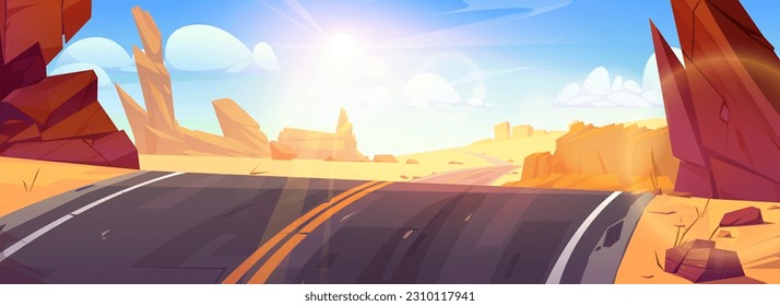 Desert road landscape vector cartoon background illustration. West arizona canyon scene with rock near highway in sand valley. Africa dry nature scenery with boulder formation and hill roadtrip.