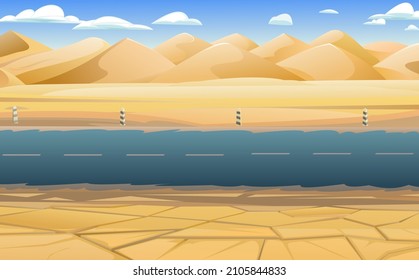 Desert road. Large dunes and hills. Landscape of southern countryside. Drought cracked land. Cool cartoon style. Vector.