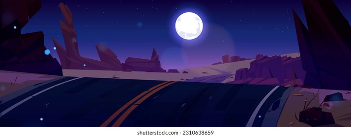 Desert road night landscape vector cartoon background illustration. West arizona canyon scene with rock near highway in sand valley. Africa dry nature scenery with boulder formation, hill roadtrip