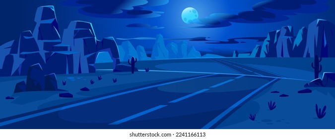 Desert road at night. Moon over canyon and highway. Sand and cactus on a sideway in western America or Mexico. Mountains on the horizon. Cartoon style game illustration. Vector landscape background.