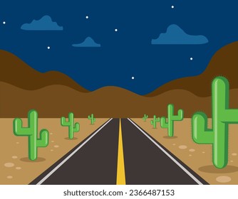 camino desierto por la noche, cactus y arena, cielo y estrellas nocturnos, ilustración vectorial 