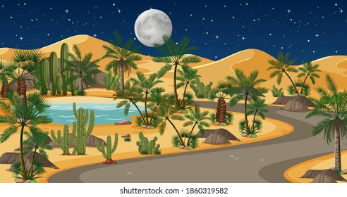 Desert with road and palms and catus nature landscape at night scene illustration