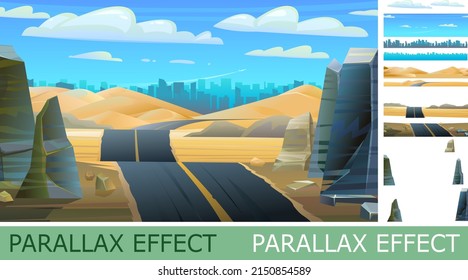 Desert road with parallax effect. Blue big city in distance on horizon. Landscape of southern countryside. Large dunes hills. Way to metropolis. Stone rocks and boulders. Cool cartoon style. Vector