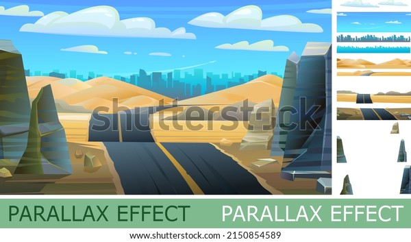 Desert road with parallax effect. Blue big city in\
distance on horizon. Landscape of southern countryside. Large dunes\
hills. Way to metropolis. Stone rocks and boulders. Cool cartoon\
style. Vector