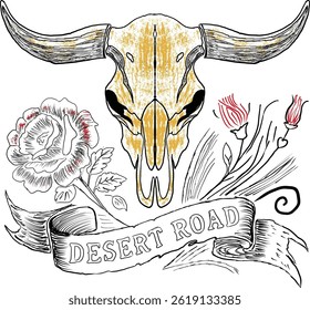 Desert Road Skull and Blooms, Vintage Sketch of Skull, Rose, and Desert Road Banner