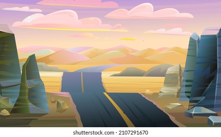 Desert road. Soft hot pink evening. Landscape of southern countryside. Large dunes and hills. Cool cartoon style. Stone rocks and boulders. Vector.