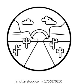 Desert road and sunset landscape over white background, line style, vector illustration