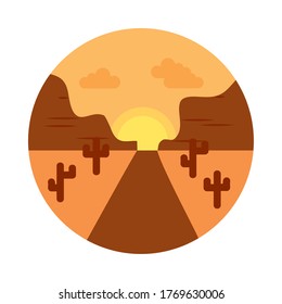 Desert road and sunset landscape over white background, flat style, vector illustration