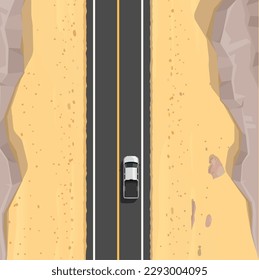 Desert road top view. African dessert speed freeway, Egypt hot valley highway or Dubai wilderness terrain speedway vector wallpaper or background. Arabian asphalt road backdrop with car and rocks