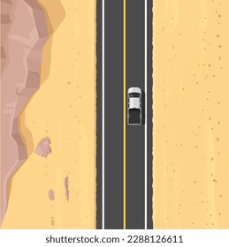 Desert road top view landscape with vector sand, car and mountain rocks. White pickup truck driving on speed asphalt road or highway across Arizona, Mexico or Texas desert nature, car trip or travel