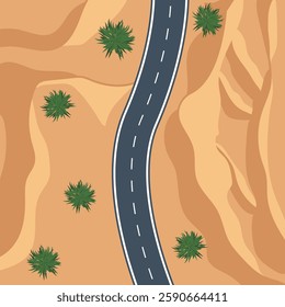 desert road top view, Top view of a desert landscape road.