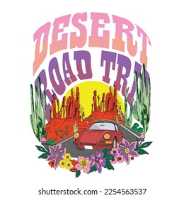 Desert road trip in Arizona, Desert Wild Wanderlust, Grand Canyon Arizona, Arizona desert dreams with light blast vector graphic print artwork for apparel, stickers, background and others.