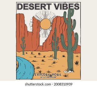 Desert Road Trip Vector Design. Cactus Vibes Artwork For Apparel. Hand Drawing Mounting T Shirt  Print Graphic. 