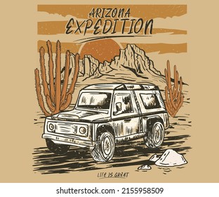 Desert road trip vector graphic print design for apparel, stickers, posters, background and others. Arizona desert t-shirt design. Western desert vintage artwork. Africa, Sahara, or Arizona nature. 