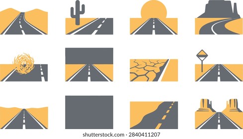 Desert road vector icons set, minimalist highway landscape illustrations, arid route journey symbols for travel and logistics design