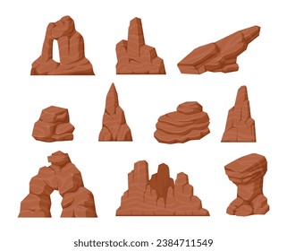 Desert rock cartoon stone canyon arc eroded nature boulder different shape set isometric vector illustration. Drought environment dry cracked cliff west terrain formation brown cobble construction