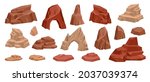 Desert rock cartoon vector set, stone canyon landscape illustration, red Mexico arch boulder dry cliff. Game nature environment design element, brown drought cracked mountain. Western land desert rock