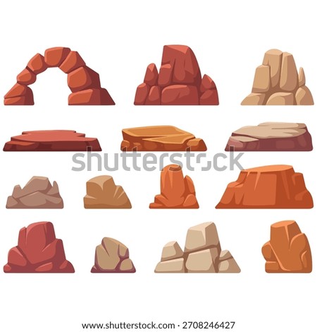 Desert rock cartoon vector set stone canyon landscape isolated on white background