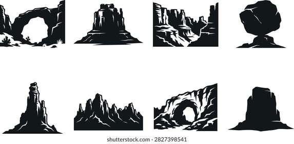 Desert rock formation silhouette bundle with canyon arch butte cliff balancing rock sandstone tower ridge cave and monolith