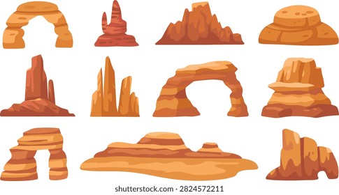 Desert rock formations collection, canyon landscape elements set sandstone cliffs arches, nature geology illustration, wild west terrain vector