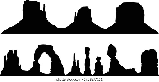 Desert rock formations silhouette set, canyon landscape cliffs and natural stone arches collection, western desert mountains vector illustration isolated nature scenery design