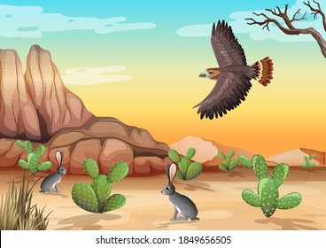 Desert with rock mountains desert animals landscape at day scene illustration