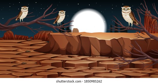 Desert with rock mountains and desert animals landscape at night scene illustration