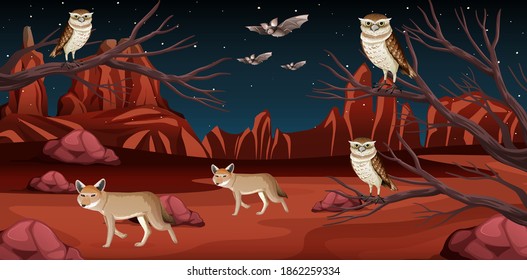 Desert with rock mountains and desert animals landscape at night scene illustration