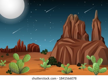 Desert with rock mountains and cactus landscape at night scene illustration