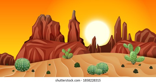 Desert with rock mountains and cactus landscape at sunset scene illustration