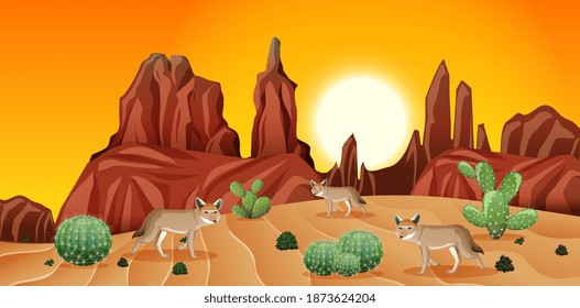 Desert with rock mountains and coyote landscape at sunset scene illustration