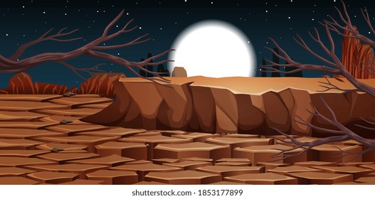 Desert with rock mountains landscape at night scene illustration
