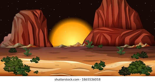 Desert with rock mountains landscape at night scene illustration