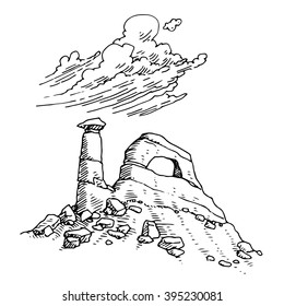 Desert Rock Outcropping and Cloud Illustration Drawing